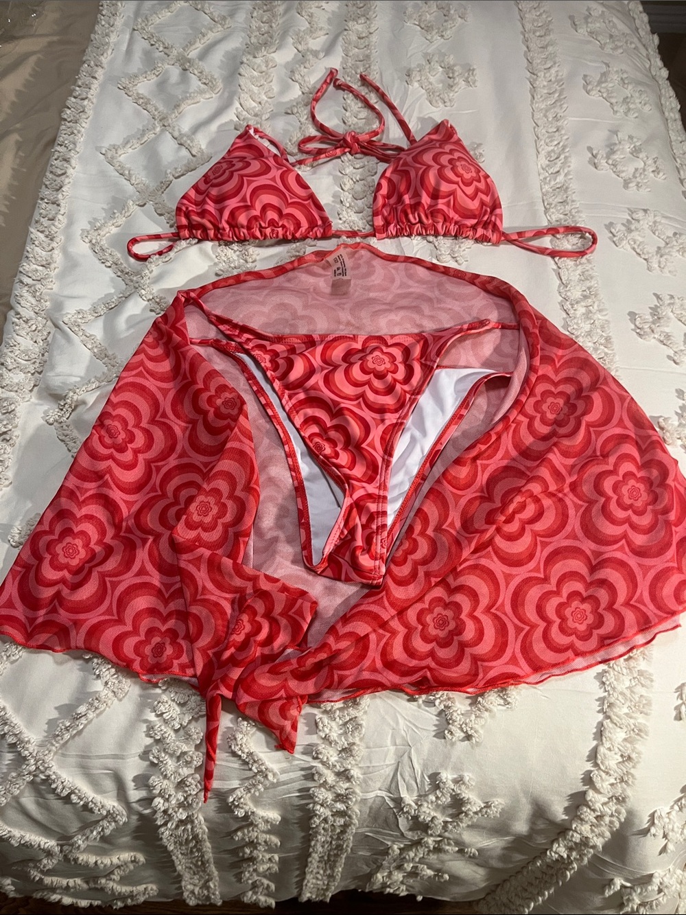 Red Floral Triangle Bikini Set with Sheer Sarong